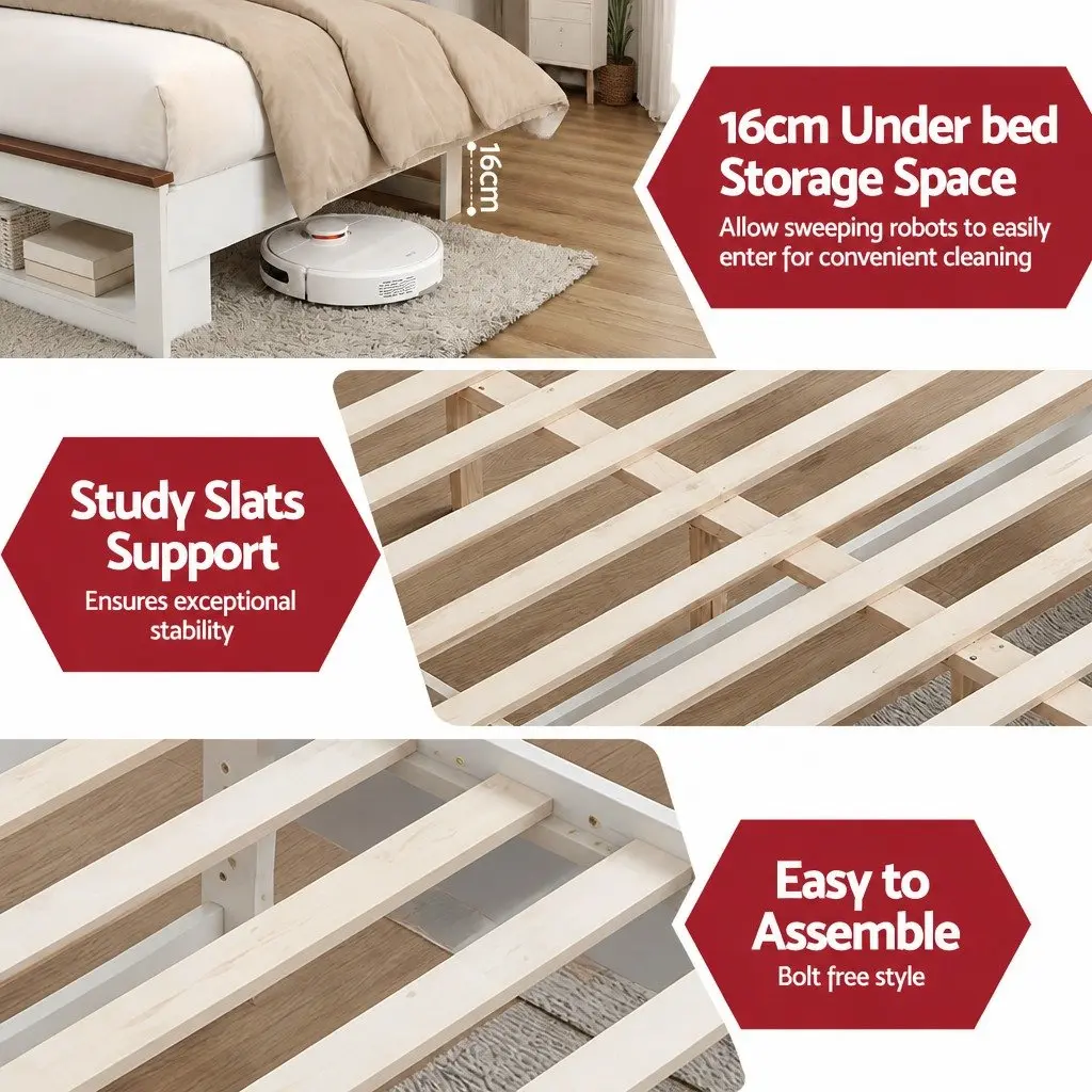 Double Bed Frame with Bookcase Headboard and Charging Station