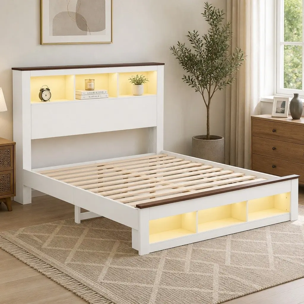 Double Bed Frame with Bookcase Headboard and Charging Station