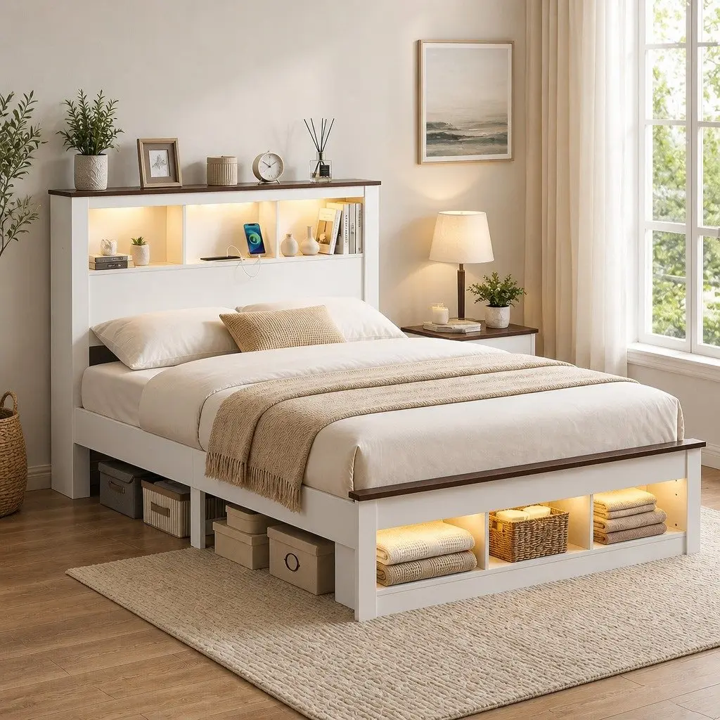 Queen Bed Frame White Wooden Platform with Bookcase Headboard and Footboard