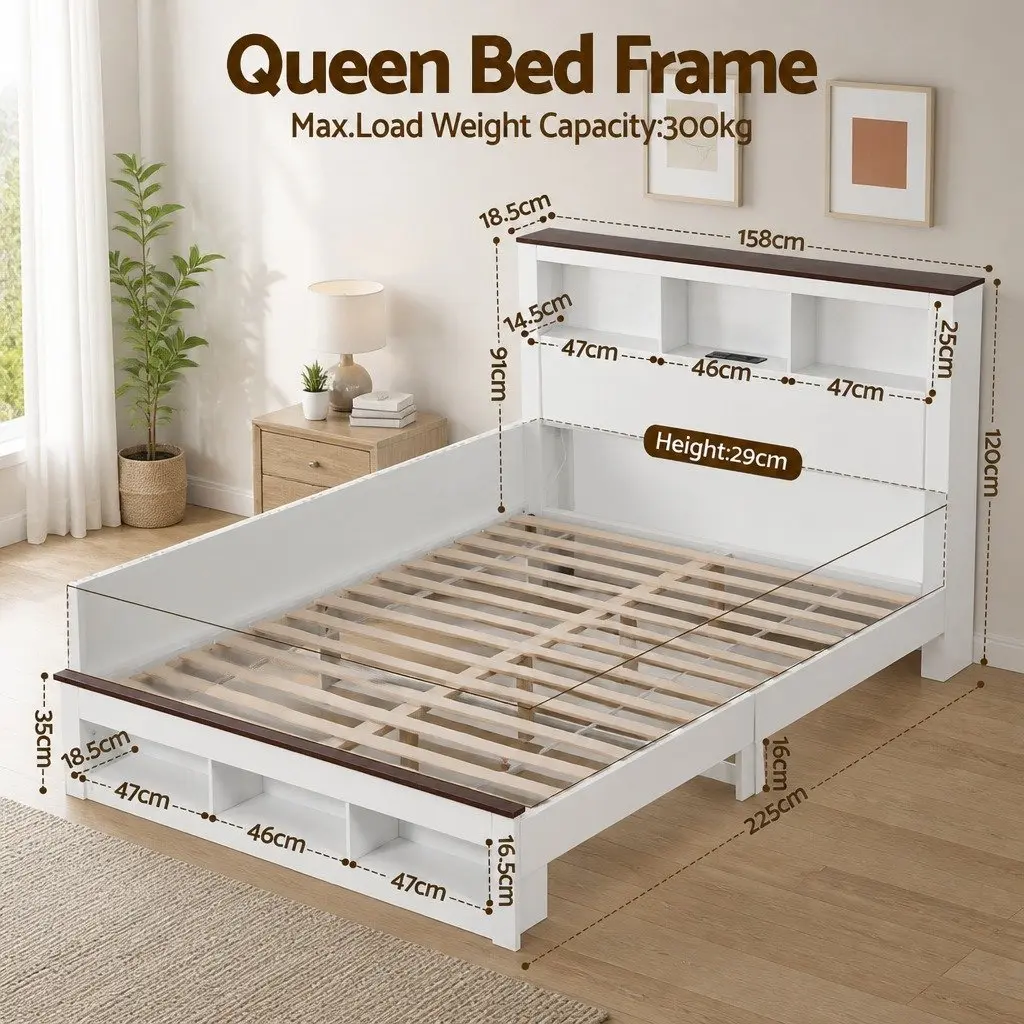 Queen Bed Frame White Wooden Platform with Bookcase Headboard and Footboard