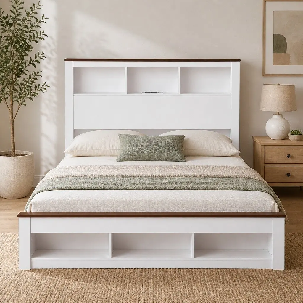 Queen Bed Frame White Wooden Platform with Bookcase Headboard and Footboard