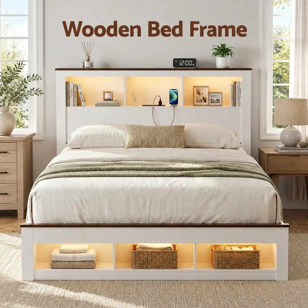 Queen Bed Frame White Wooden Platform with Bookcase Headboard and Footboard