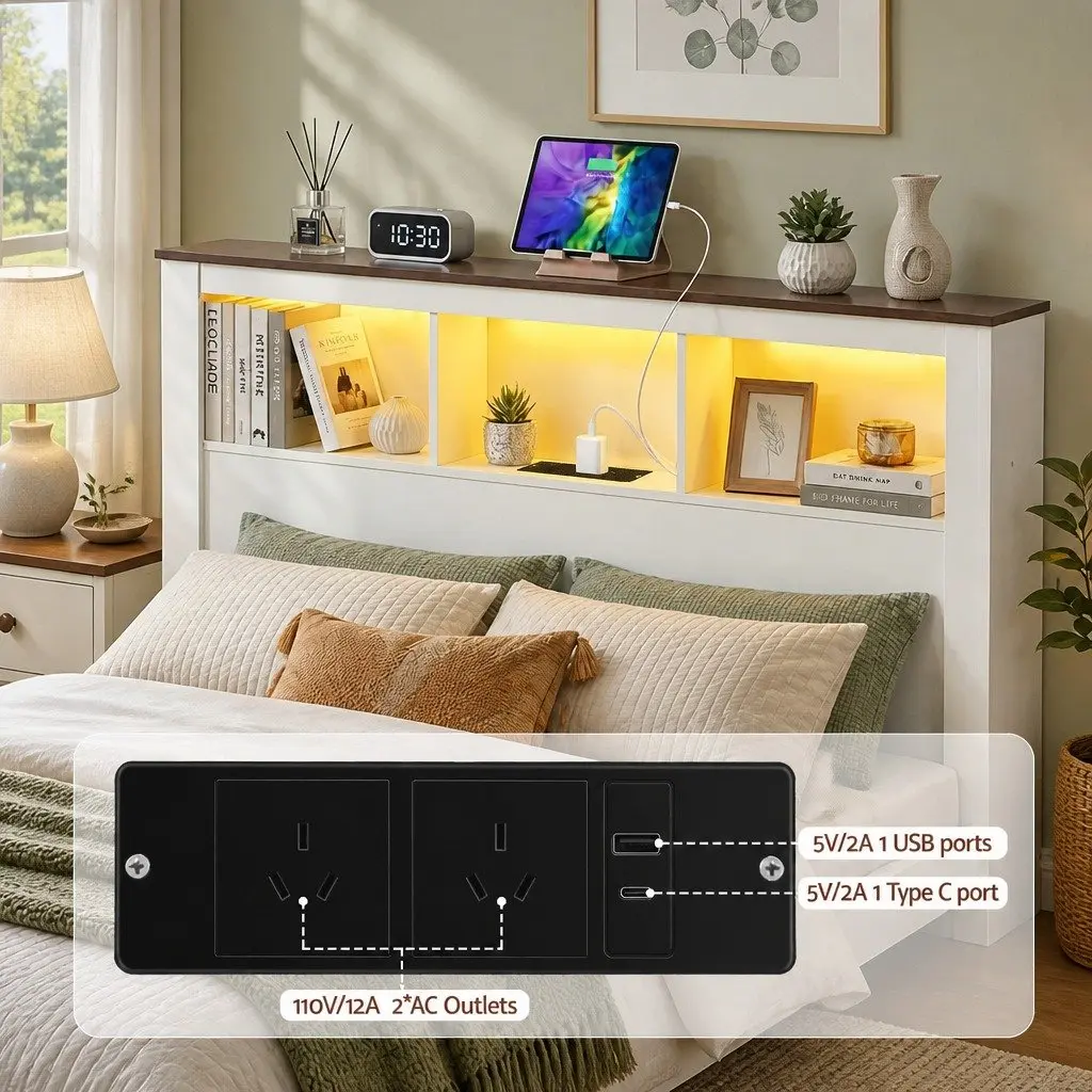 Queen Bed Frame White Wooden Platform with Bookcase Headboard and Footboard