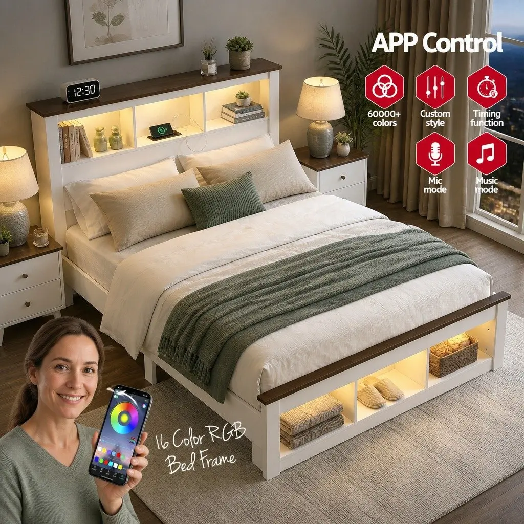 Queen Bed Frame White Wooden Platform with Bookcase Headboard and Footboard