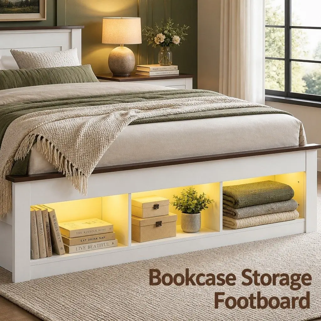 Queen Bed Frame White Wooden Platform with Bookcase Headboard and Footboard