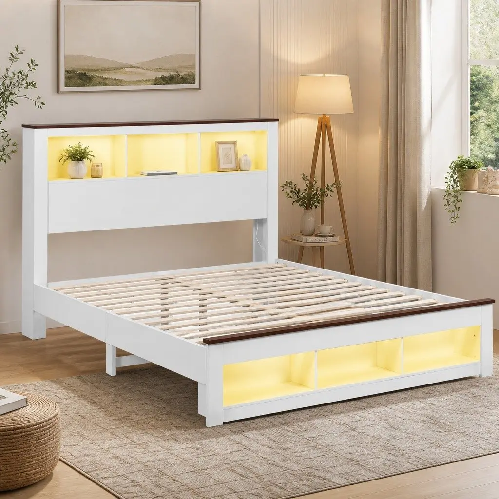 Queen Bed Frame White Wooden Platform with Bookcase Headboard and Footboard