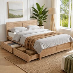 Queen Size Wooden Bed Frame with 2 Storage Drawers