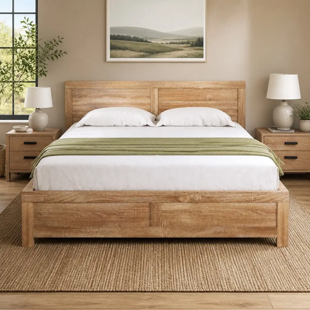 Wooden Double Bed Frame with Slats and Headboard