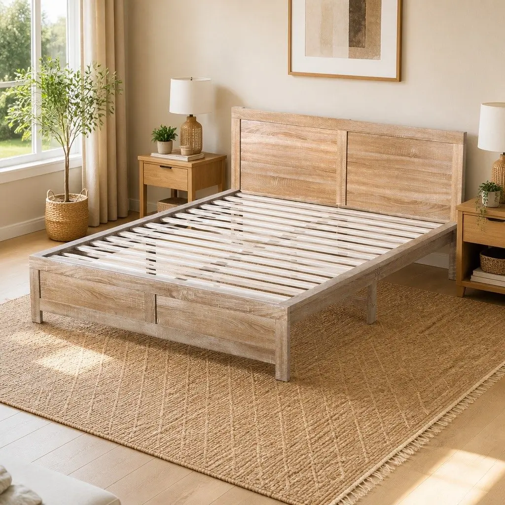 Wooden Double Bed Frame with Slats and Headboard