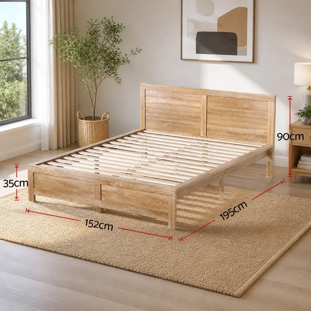 Wooden Double Bed Frame with Slats and Headboard