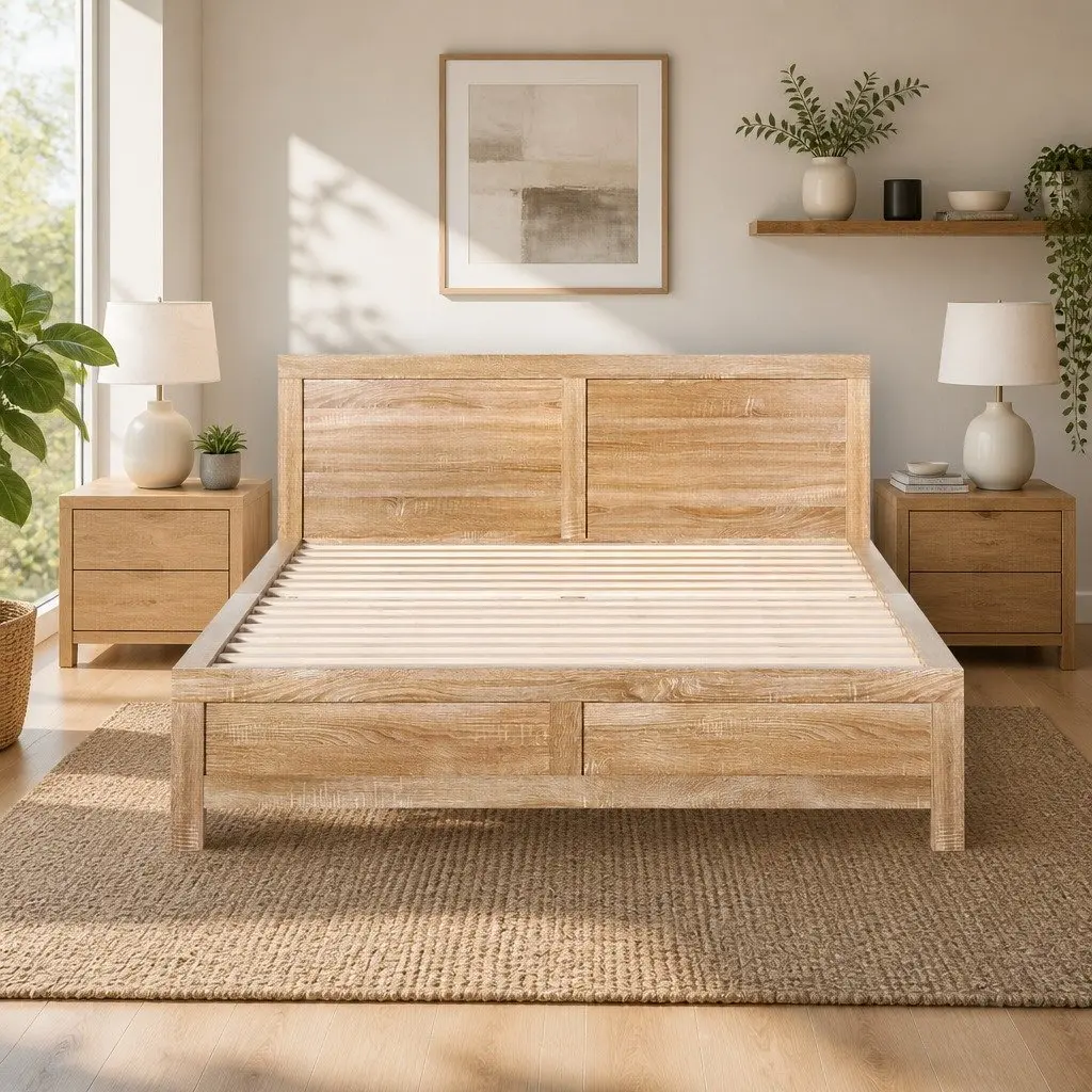 Wooden Double Bed Frame with Slats and Headboard