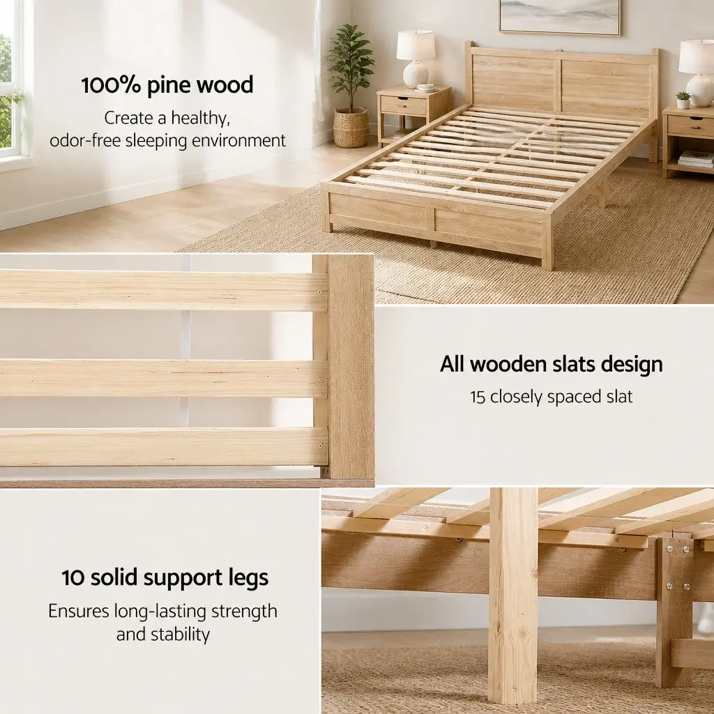 Wooden Double Bed Frame with Slats and Headboard