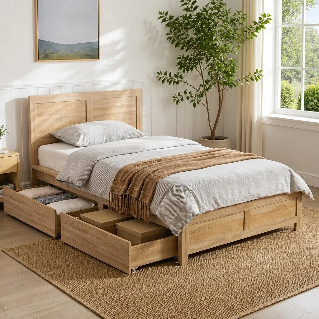King Single Bed Frame with 2 Storage Drawers Wooden Bedroom Furniture