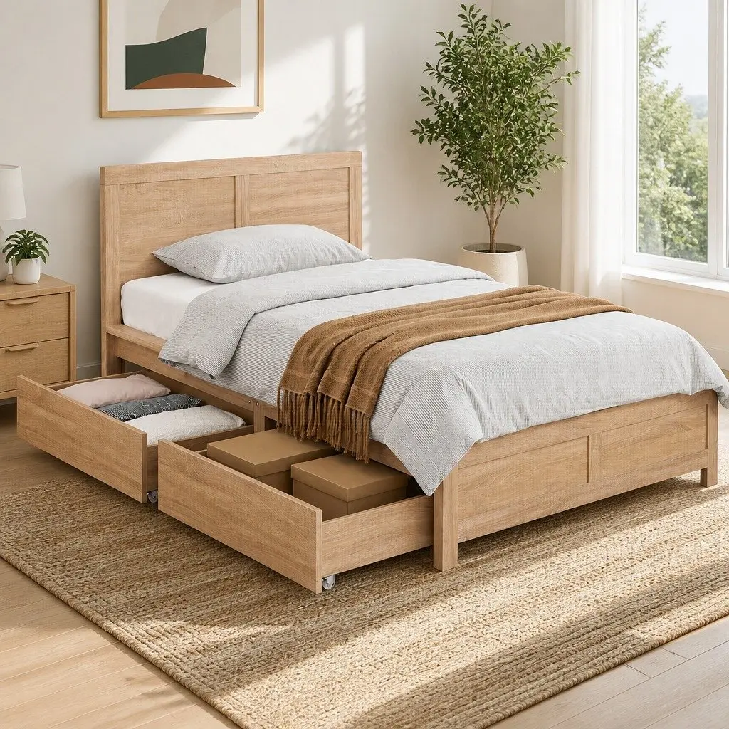 King Single Bed Frame with 2 Storage Drawers Wooden Bedroom Furniture