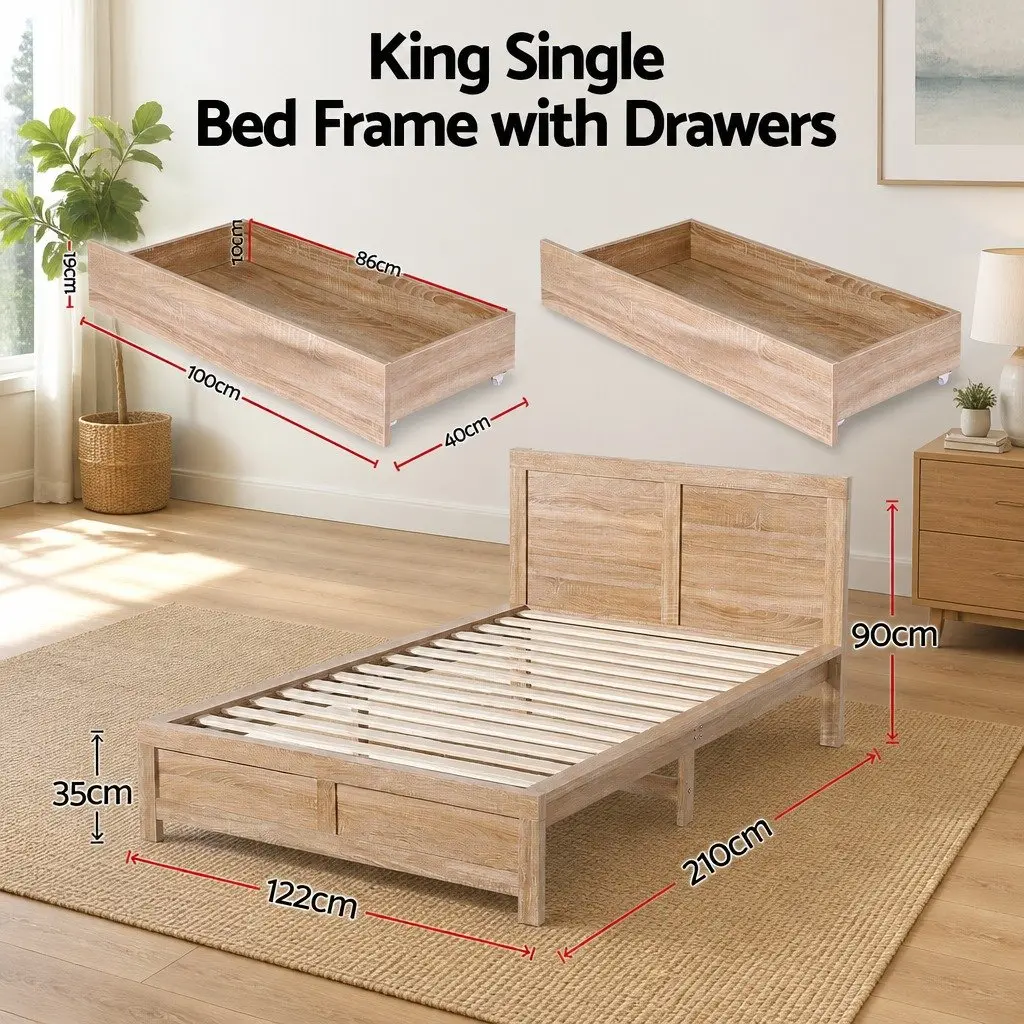 King Single Bed Frame with 2 Storage Drawers Wooden Bedroom Furniture