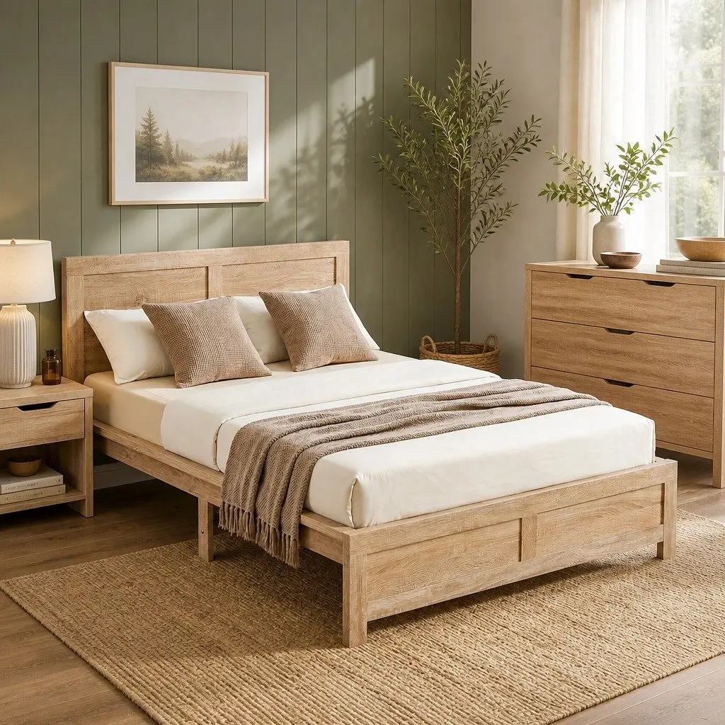 King Single Bed Frame Wooden Base Walnut 122cm W x 210cm L x 90cm H Pine Wood Plywood Particle Wood