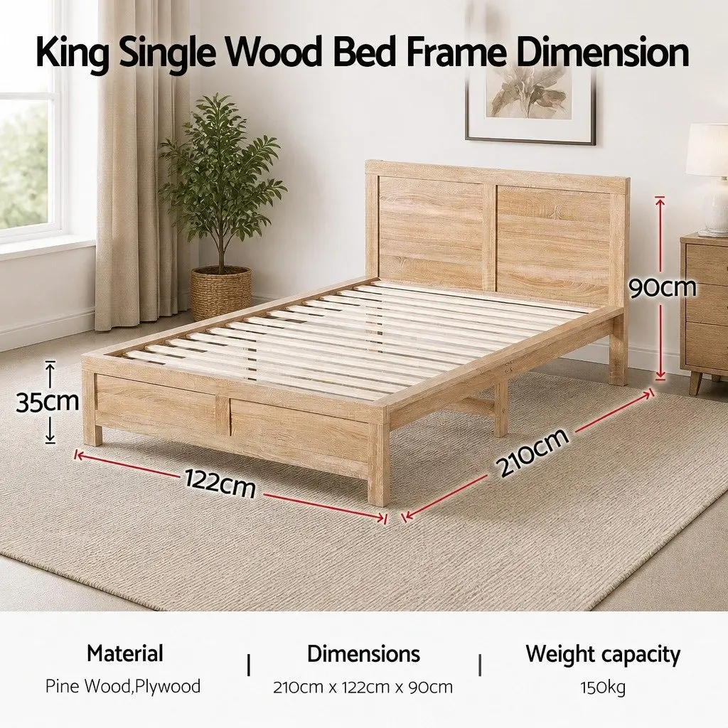 King Single Bed Frame Wooden Base Walnut 122cm W x 210cm L x 90cm H Pine Wood Plywood Particle Wood