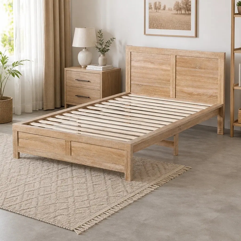 King Single Bed Frame Wooden Base Walnut 122cm W x 210cm L x 90cm H Pine Wood Plywood Particle Wood