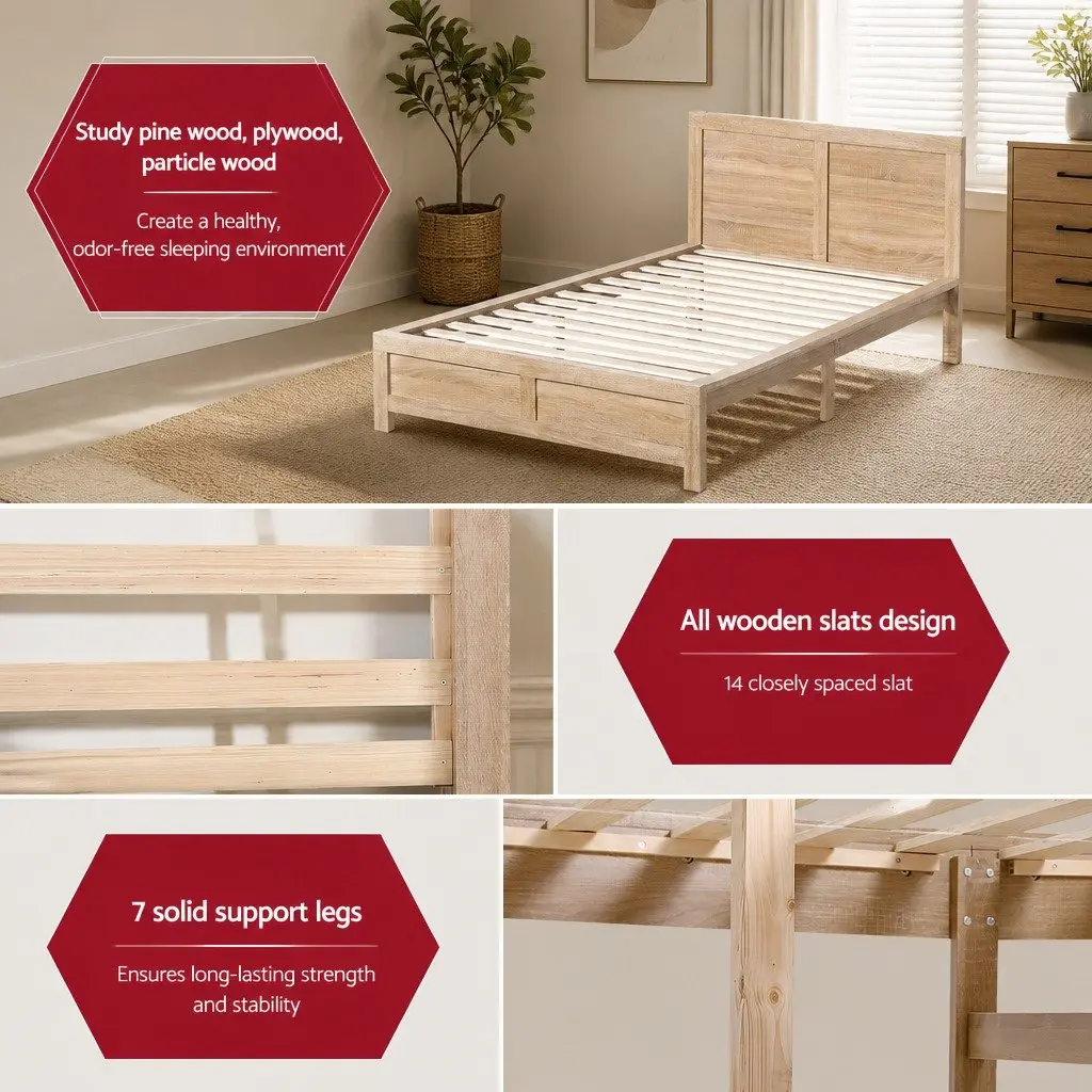 King Single Bed Frame Wooden Base Walnut 122cm W x 210cm L x 90cm H Pine Wood Plywood Particle Wood