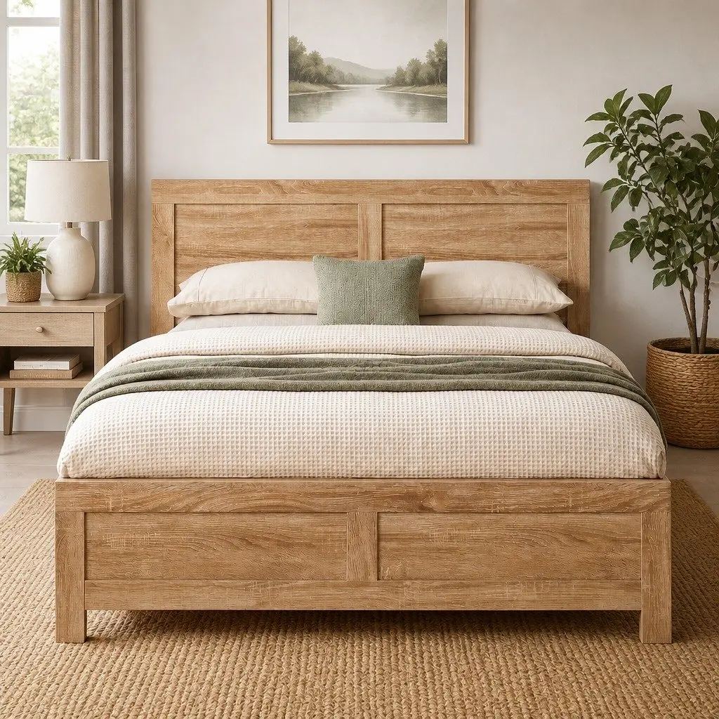 King Single Bed Frame Wooden Base Walnut 122cm W x 210cm L x 90cm H Pine Wood Plywood Particle Wood
