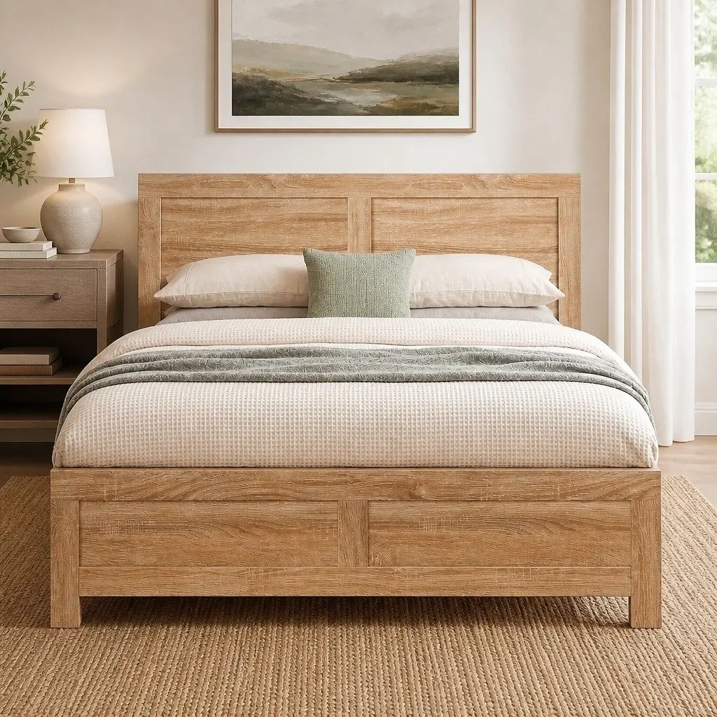 King Single Bed Frame Wooden Base Walnut 122cm W x 210cm L x 90cm H Pine Wood Plywood Particle Wood