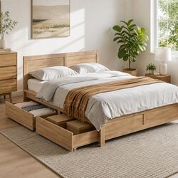 Warm Walnut Queen Size Bed Frame with Storage Drawers