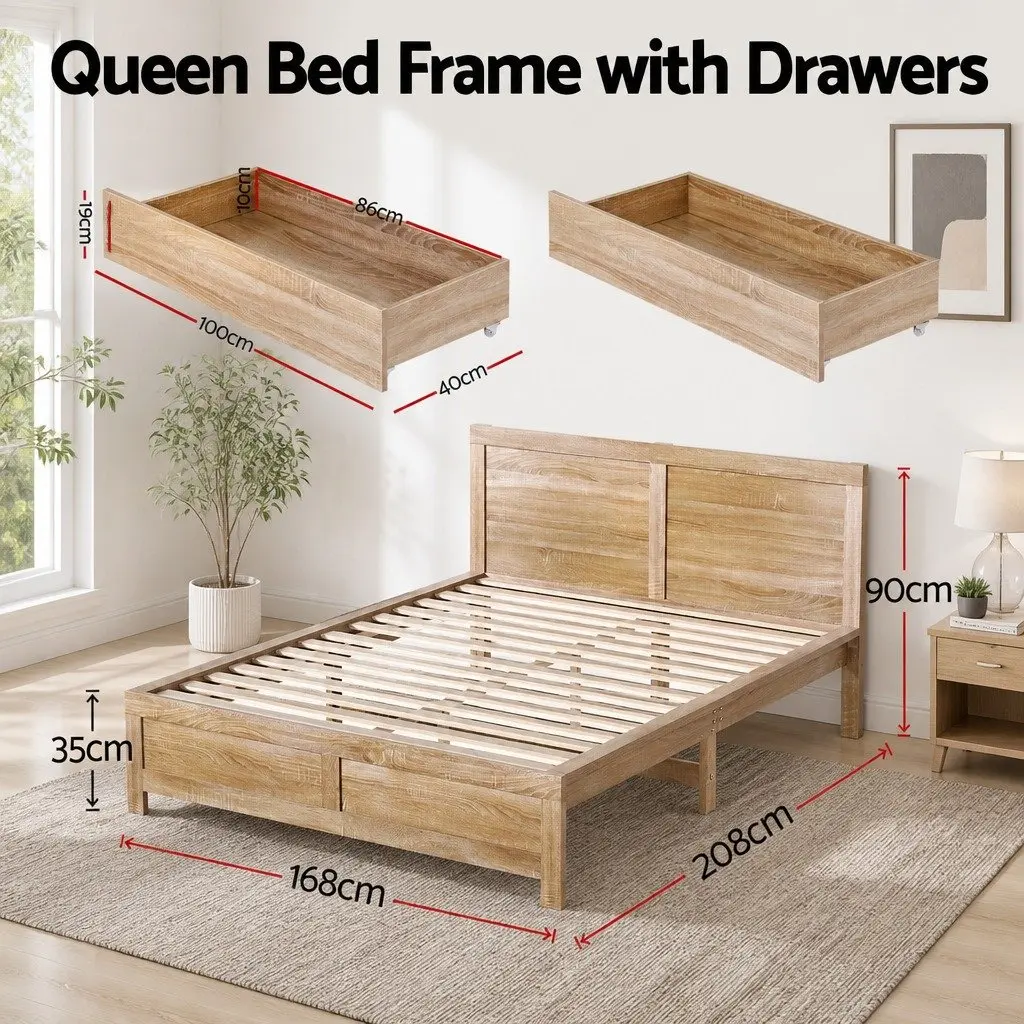 Queen Size Bed Frame with Storage Drawers Wooden Bedroom Furniture Slat Base
