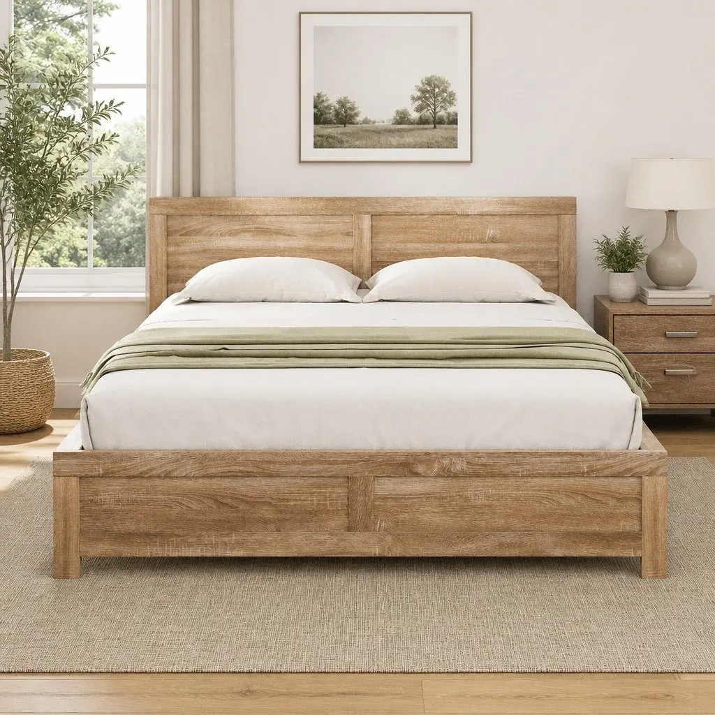 Queen Size Bed Frame with Headboard in Walnut