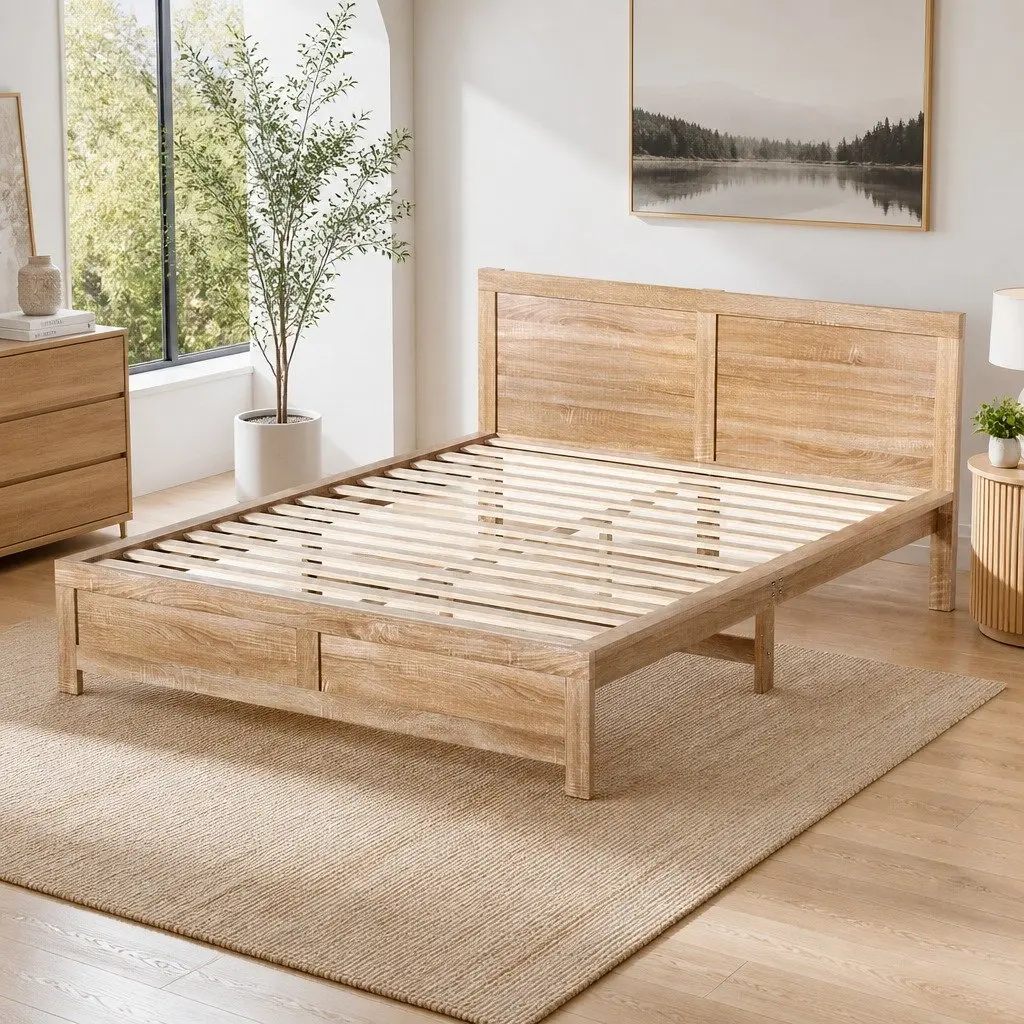 Queen Size Bed Frame with Headboard in Walnut