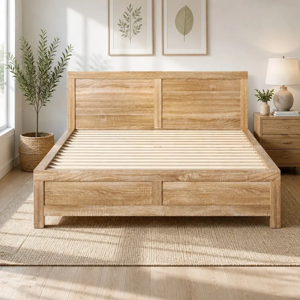 Queen Size Bed Frame with Headboard in Walnut