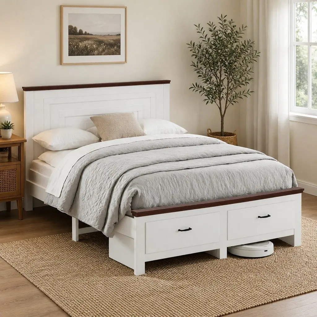 Double Bed Frame White Wooden Platform with Headboard and Storage Drawers 197cm x 143cm x 108cm
