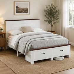 White Wooden Double Bed Frame with Headboard Storage