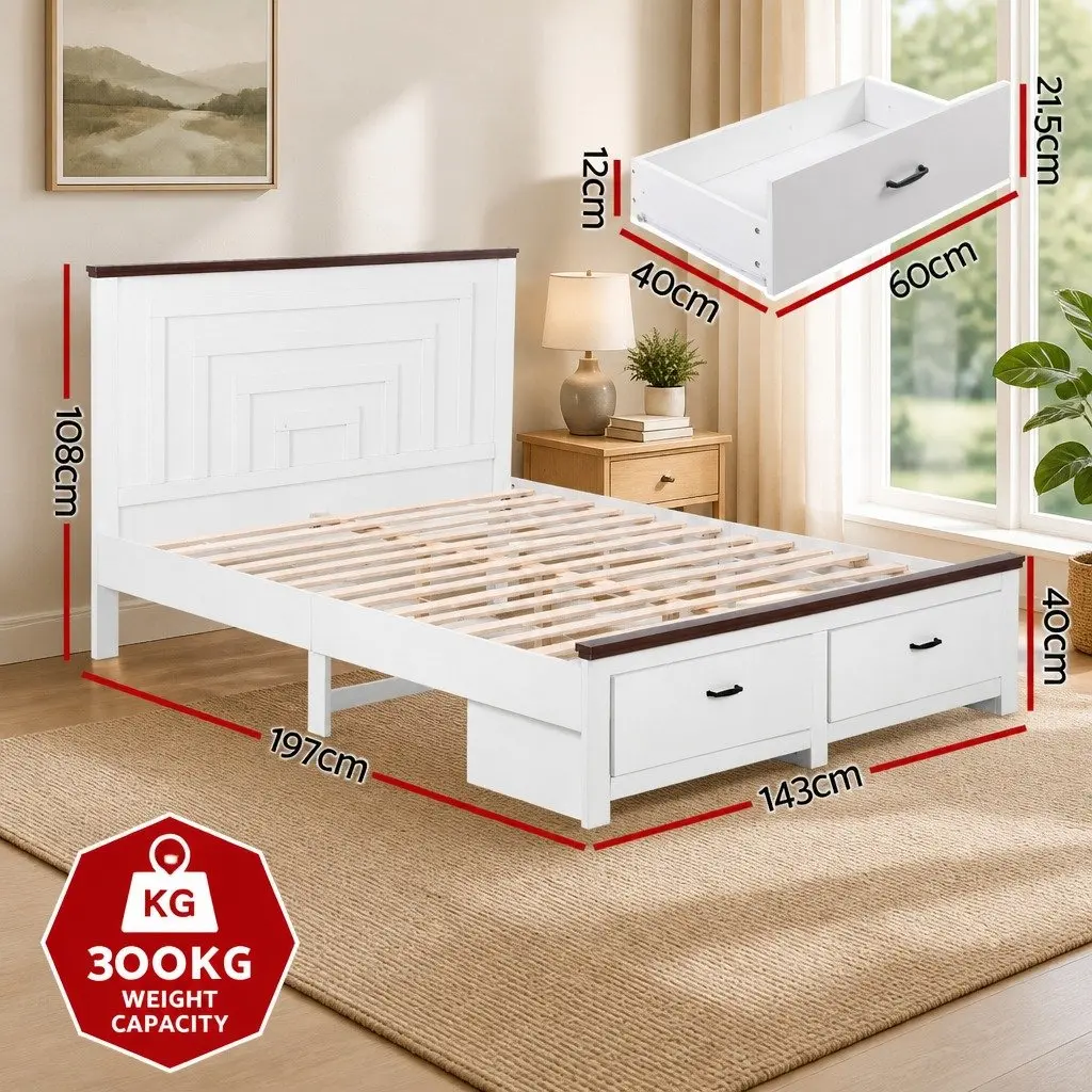 Double Bed Frame White Wooden Platform with Headboard and Storage Drawers 197cm x 143cm x 108cm