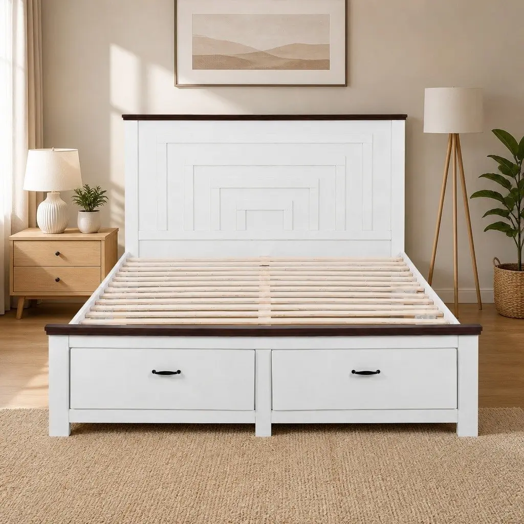 Double Bed Frame White Wooden Platform with Headboard and Storage Drawers 197cm x 143cm x 108cm
