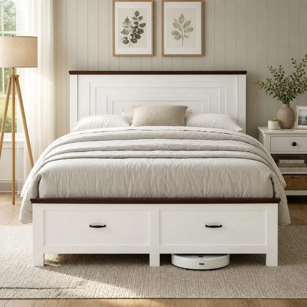 Double Bed Frame White Wooden Platform with Headboard and Storage Drawers 197cm x 143cm x 108cm