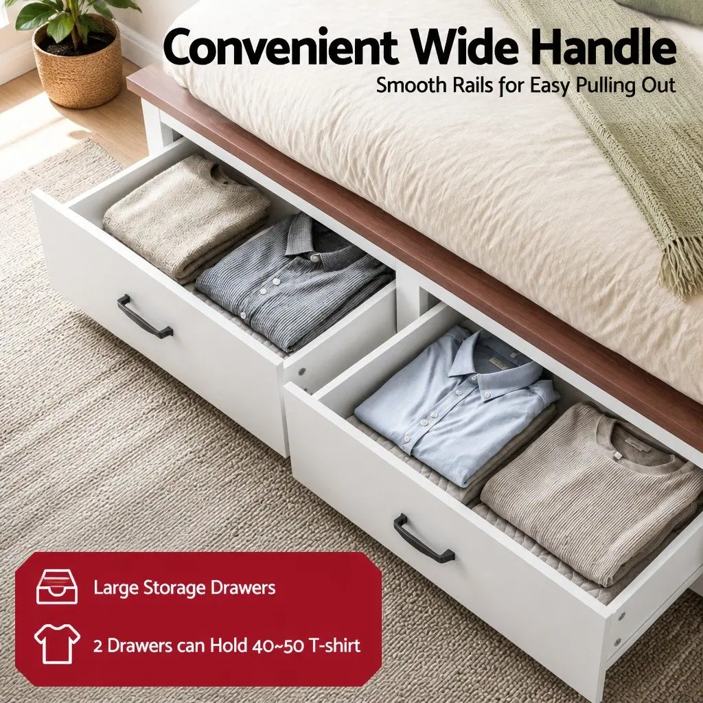 Double Bed Frame White Wooden Platform with Headboard and Storage Drawers 197cm x 143cm x 108cm