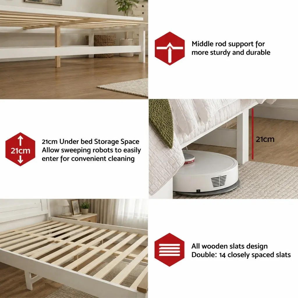 Double Bed Frame White Wooden Platform with Headboard and Storage Drawers 197cm x 143cm x 108cm