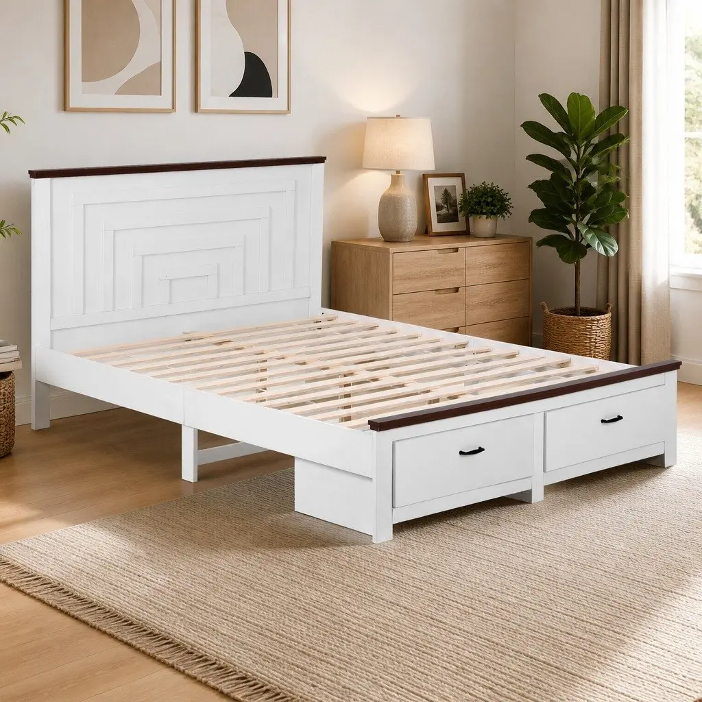 Double Bed Frame White Wooden Platform with Headboard and Storage Drawers 197cm x 143cm x 108cm