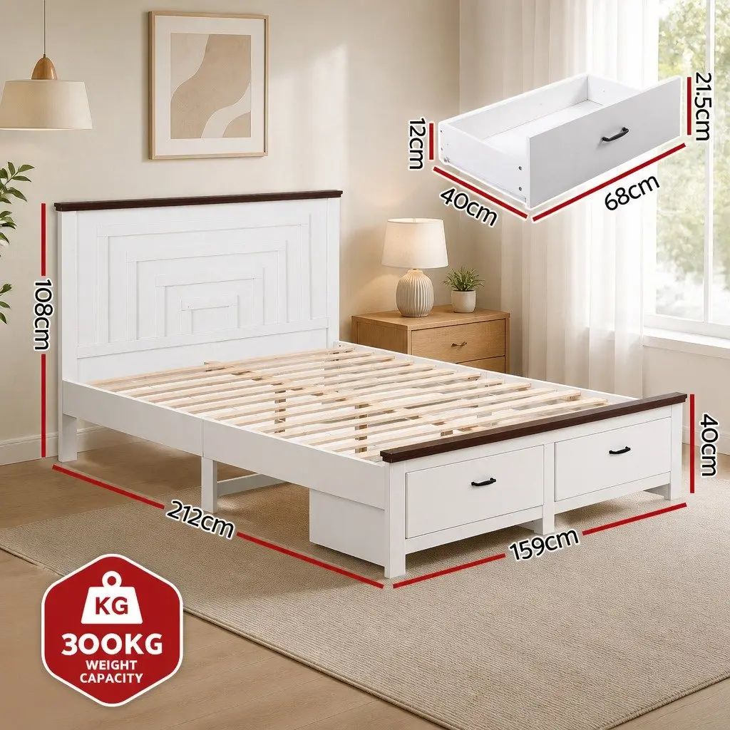 Queen Wooden Bed Frame With 2 Storage Drawers