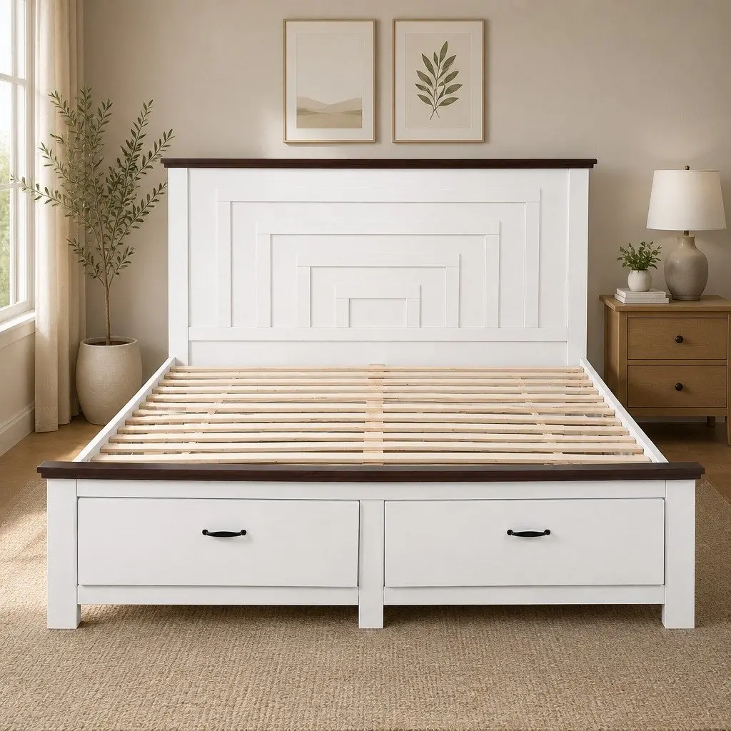 Queen Wooden Bed Frame With 2 Storage Drawers