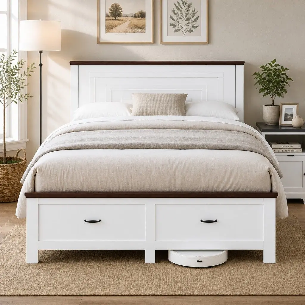 Queen Wooden Bed Frame With 2 Storage Drawers