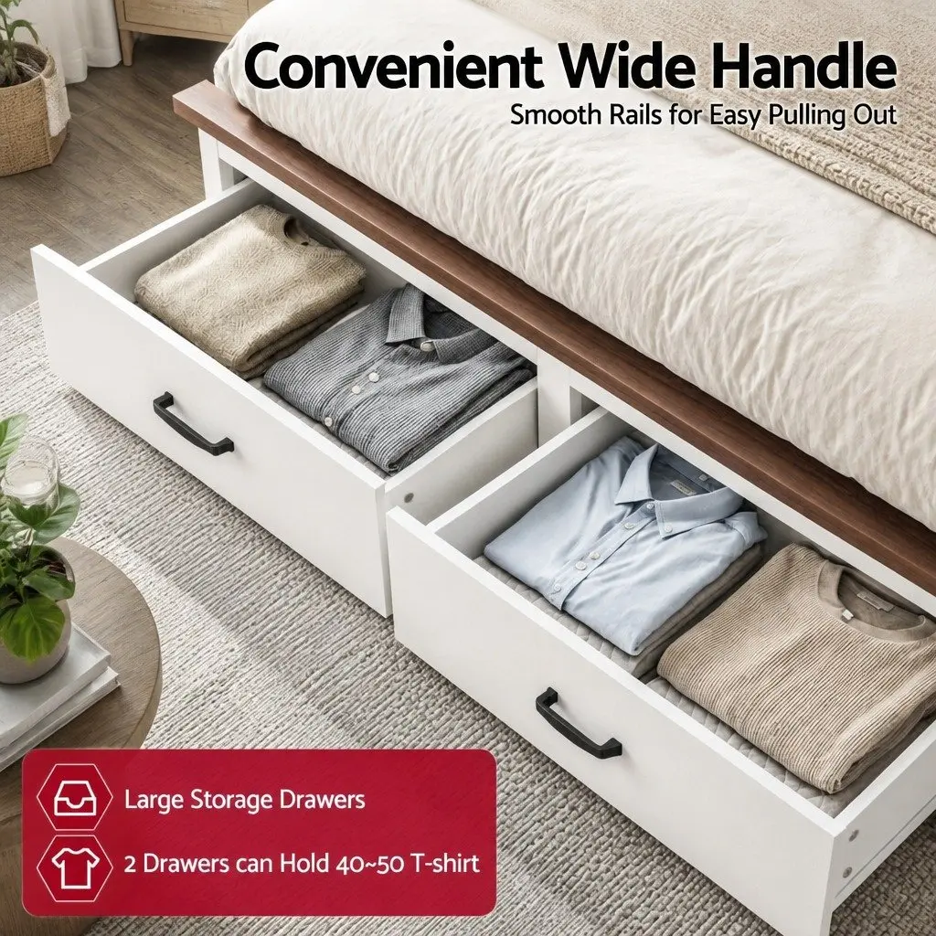 Queen Wooden Bed Frame With 2 Storage Drawers