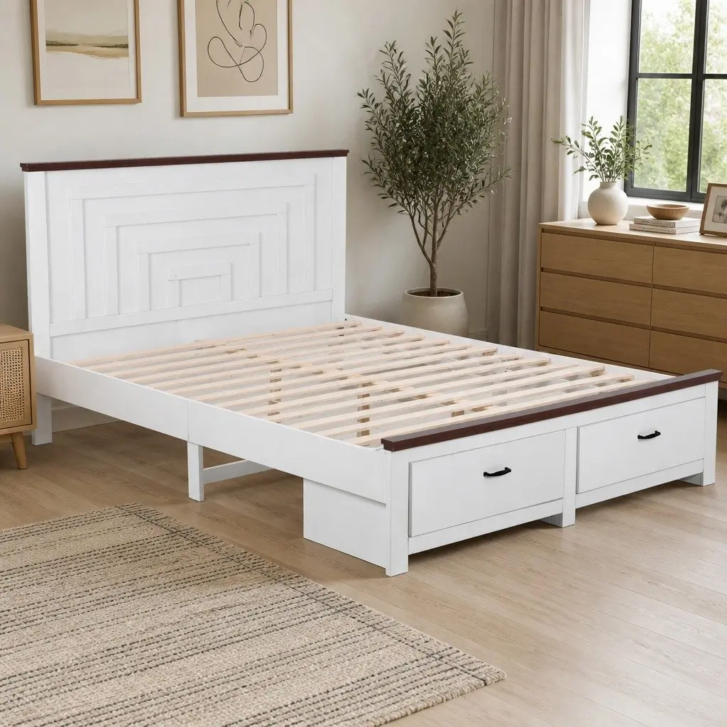 Queen Wooden Bed Frame With 2 Storage Drawers