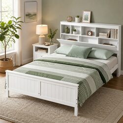Stylish Queen Bed Frame with Storage Headboard in White