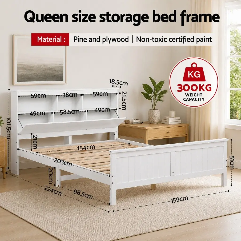 Queen Bed Frame with Storage Headboard in White