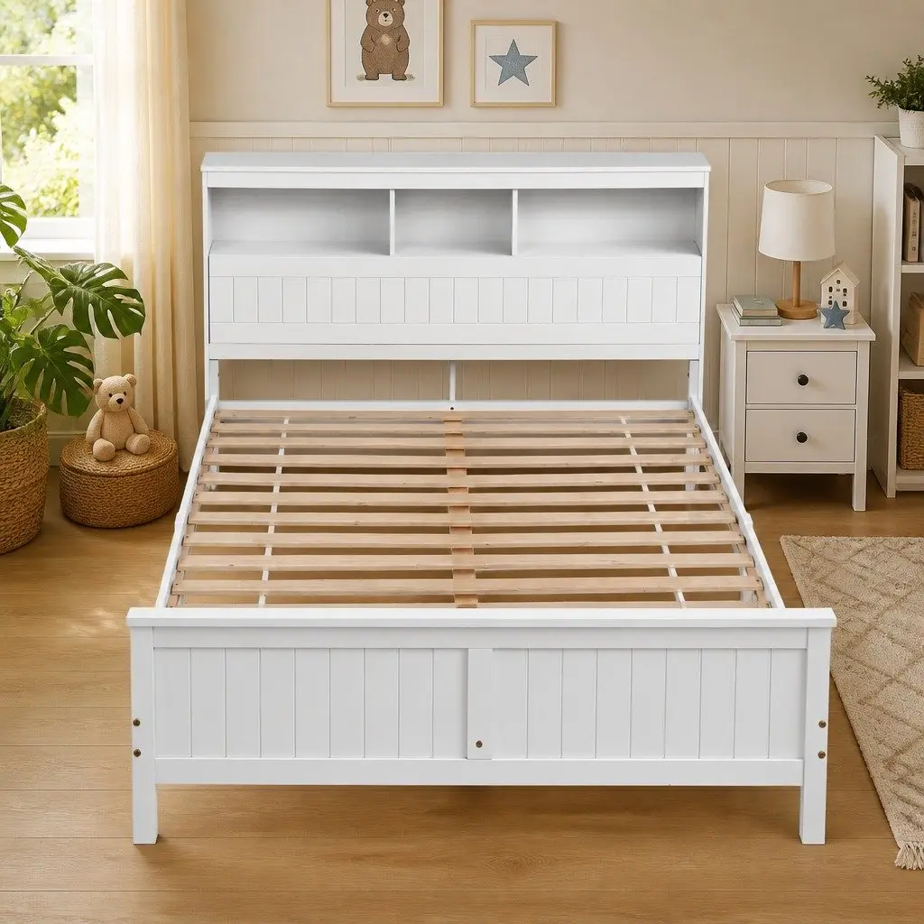 Queen Bed Frame with Storage Headboard in White
