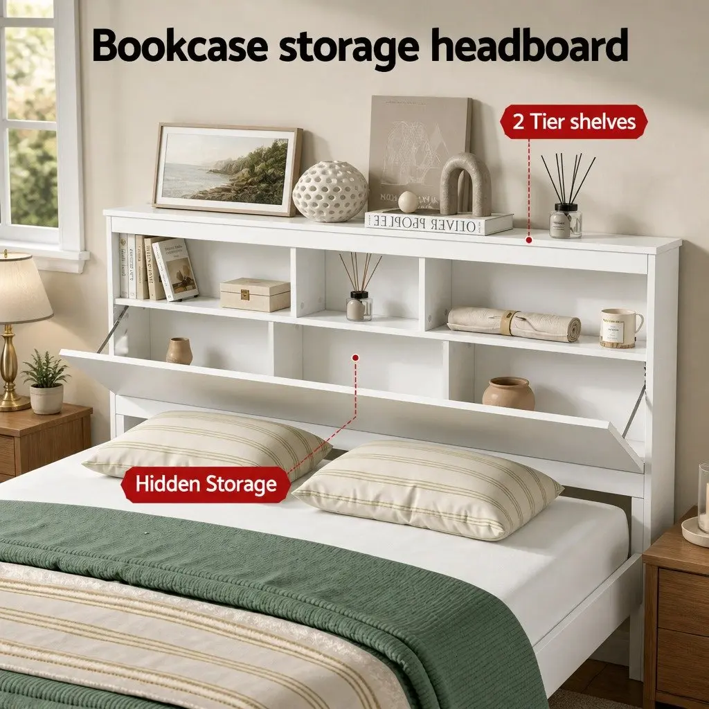 Queen Bed Frame with Storage Headboard in White