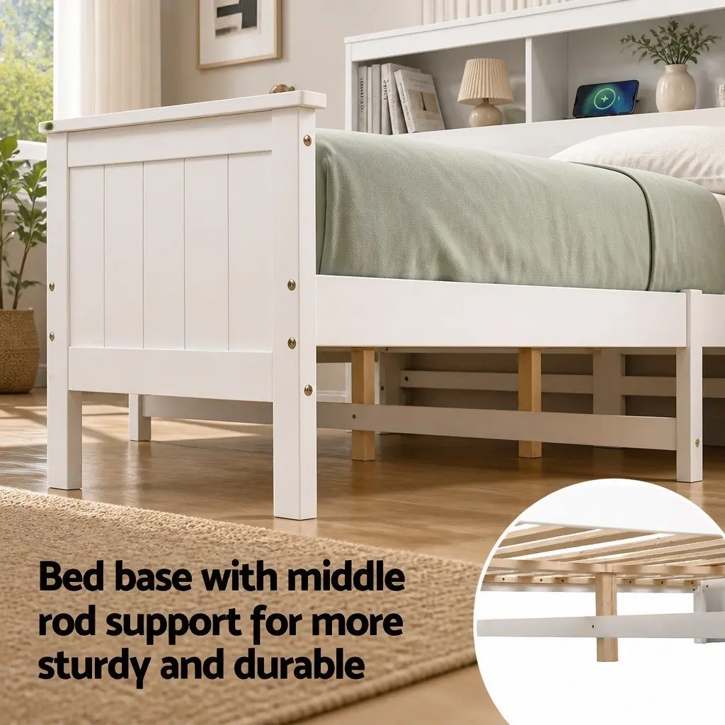 Queen Bed Frame with Storage Headboard in White