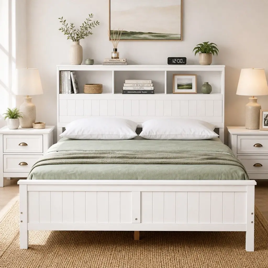 Queen Bed Frame with Storage Headboard in White