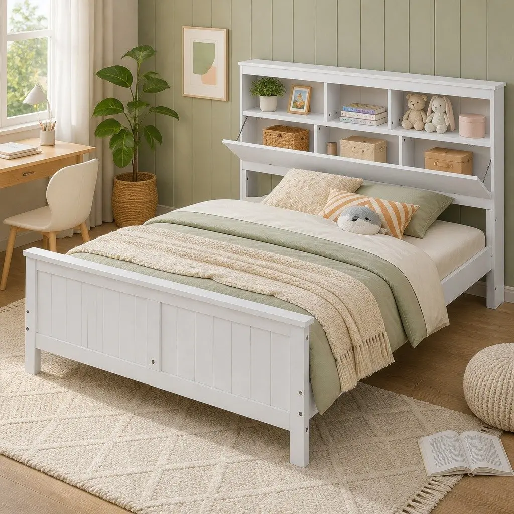 Queen Bed Frame with Storage Headboard in White